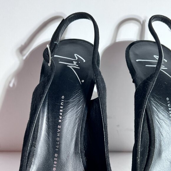 Giuseppe Zanotti Blk Suede Snakeskin High Heel Peeptoe Slingback Pump Sz 8.5 - Picture 7 of 15